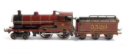 Bassett Lowke 'O' gauge clockwork 4-4-0 steam locomotive, maroon marked George the Fifth with LMS