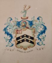 19th century school Watercolour and gilt Coat of arms with two chevrons, a knights head sitting atop