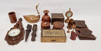 Group of treen and other items, including an oak mounted wall clock circa 1900, an Edwardian