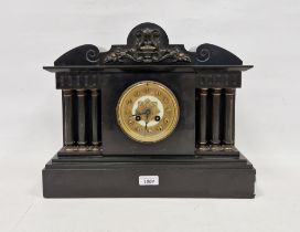 Late 19th/early 20th century black slate mantel clock of architectural form, brass and ceramic face