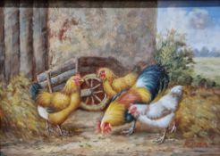 Oil on panel  depicting a farmyard scene with cockerel and chickens, signed Rirsma?, 12.5cm x 17.5cm