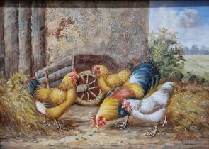 Oil on panel  depicting a farmyard scene with cockerel and chickens, signed Rirsma?, 12.5cm x 17.5cm
