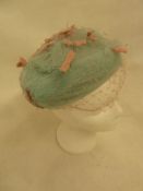 1950'S blue net and pink hat, a net sequin head piece with sequin bows, three 1950's/1960's 'car