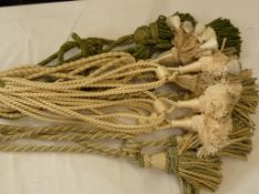 Passementerie, four pairs of antique tie backs in ivory and greens with elaborate tassels