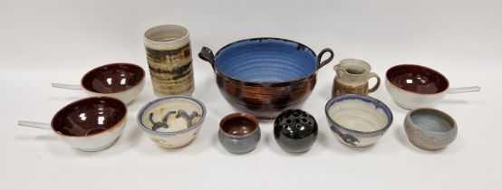 Quantity of studio pottery, some marked, to include three handled soup bowls, large twin handled