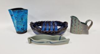 Four pieces of studio pottery to include a Hilborn Pottery dish of organic form decorated with