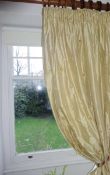 Pair of silk curtains embroidered with small velvet petals, pale gold, lined and interlined, 11ft 6"