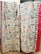 One pair of silk interlined curtains, gold, pinks, greens, abstract pattern, finished with a red and