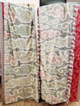 One pair of silk interlined curtains, gold, pinks, greens, abstract pattern, finished with a red and