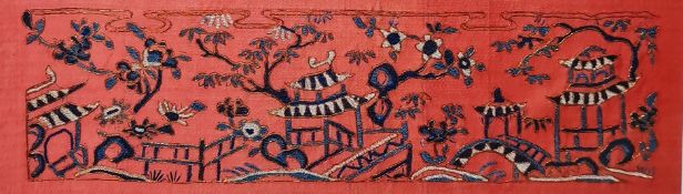 Embroidered Chinese silk panel depicting female figures picking flowers, gardening, sitting under