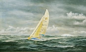 Robert G Lloyd (b.1961)  Oil on board "Ellen MacArthur, Vendee Globe Yacht 'Kingfisher' pictured