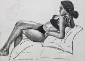 Sara Russell  Charcoal on paper 'Happy Birthday', study of a reclining woman, inscribed, signed