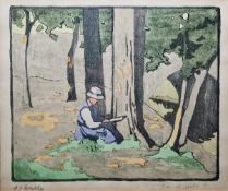 Arabella Louisa Rankin (1871-1943) Woodblock print on paper An artist painting in wooded