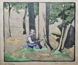 Arabella Louisa Rankin (1871-1943) Woodblock print on paper An artist painting in wooded