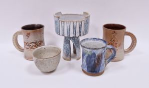 Elaine Coles studio pottery mug, incised potter's mark to base, two Moroccan pottery mugs, a