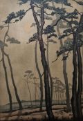 Yorishige Urushibara (20th century)  Woodblock print on paper 'Moonlight Whispers', woodland,