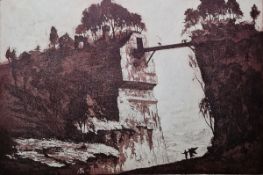 20th century school  Etching Figures crossing a bridge between cliffs and ruins, signed Bream 76,