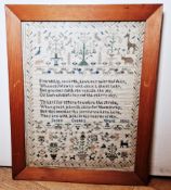 Victorian embroidered sampler named and dated 'Susan Coate's work 1850', embroidered with a poem "