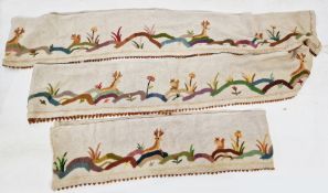 Late 19th century/early 20th century crewel frieze with glass bead fringe, showing woodland scene
