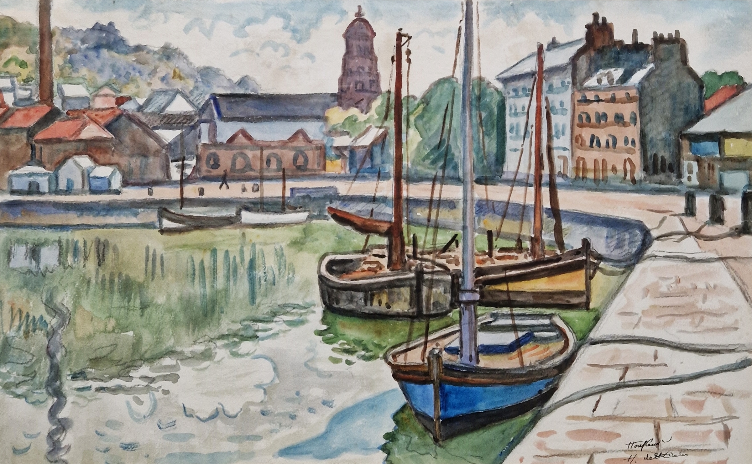 Henri De Saint-Delis (1878-1949 Watercolour on paper 'Trois Barques', three boats in a harbour