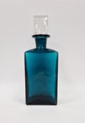 Glass decanter of rectangular form in blue/green colourway with clear glass stopper, 29.5cm high