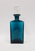 Glass decanter of rectangular form in blue/green colourway with clear glass stopper, 29.5cm high