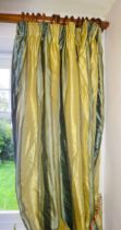 Two pairs of French silk curtains interlined and lined, turquoise and yellow stripes with yellow