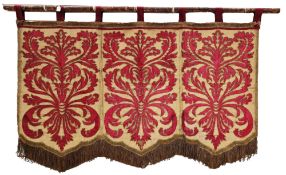 18th century Spanish armorial silk wall hanging, consisting of three panels, red silk cartouche with