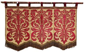 18th century Spanish armorial silk wall hanging, consisting of three panels, red silk cartouche with