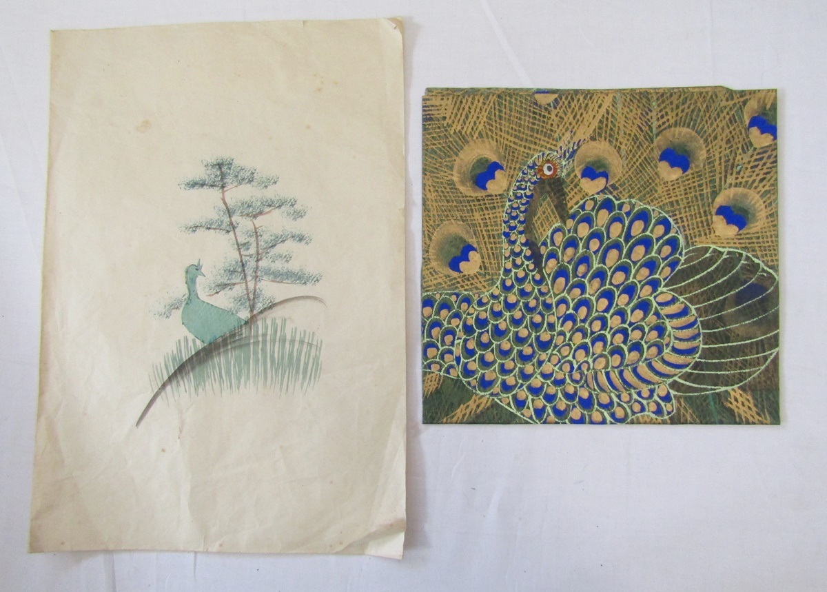 Two painted panels, peacock decorated, pair of yellow silk panels painted with fruiting branches, - Image 3 of 8