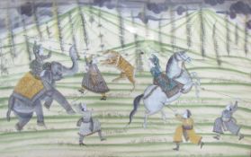 Moghul school (probably 20th century)  Painted on silk  Hunting scene, figures on an elephant and