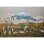 Pauline S Hall (20th/21st century) Colour lithograph 'Egrets Under Kilimanjaro', artist's proof,