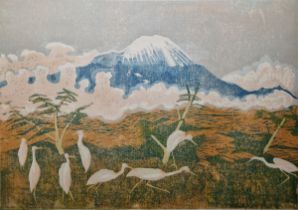 Pauline S Hall (20th/21st century) Colour lithograph 'Egrets Under Kilimanjaro', artist's proof,