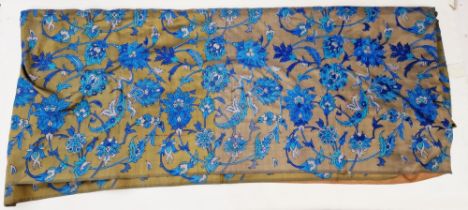 Long length of silk, turquoise and blue floral printed pattern on pale brown ground, approx 588cm