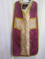 Religious cope, possibly theatrical, purple damask, cream damask trimmed with gold-coloured braid