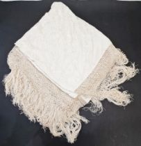 Large Chinese cream-coloured silk embroidered piano shawl, with deep fringe and embroidered allover