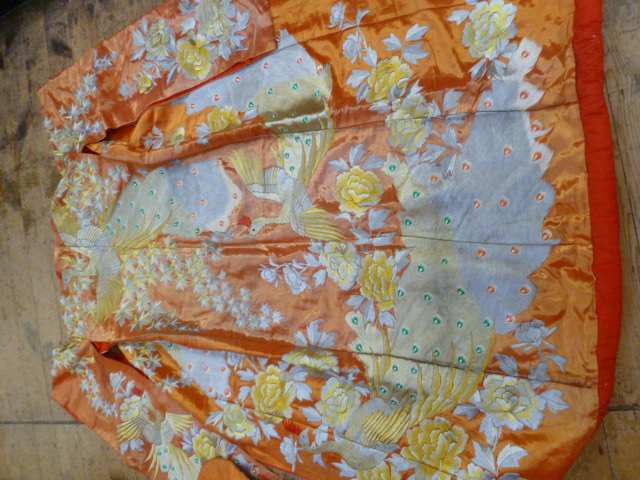 Japanese silk Uchikake wedding kimono, heavily embroidered in silver and gold thread with flowers,