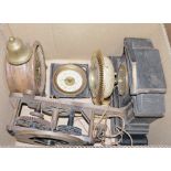 Quantity of brass ware to include parts of parafin lamps, weigh scales, clocks, an antique part