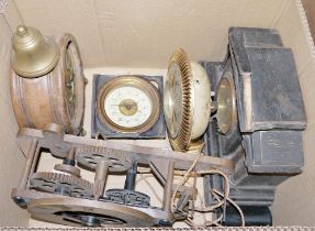 Quantity of brass ware to include parts of parafin lamps, weigh scales, clocks, an antique part