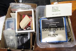 Two boxes of audio HI-Fi items including replacement stylii, reel to reel tapes, headphones,