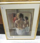 Two framed prints, indistinctly signed in the print   ' Female nude facing a mirror' and another