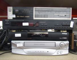 A collection of audio visual equipment to include an Alba VHS player, Humax PVR, Denon tuner, Fisher