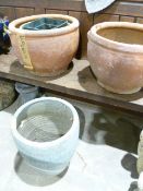 Pair bulbous terracotta planters ( 38 x 29cm ) and a blue/green terracotta pot (3)
