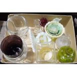 Set of 14 green stemmed hock glasses, a small quantity of irridescent and milk glass bowls and