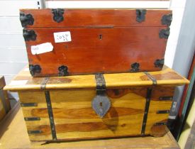 Wooden fitted trunk with metal fittings and internal fitted tray and a wooden coffer with metal