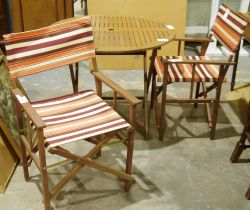 Teak-style garden table with folding legs and a hole for the parasol and two folding garden