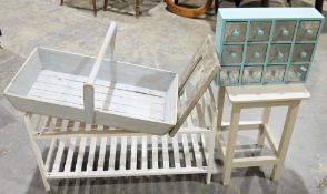 A wooden stool, wooden tray, a small multi drawer storage unit etc. (5)