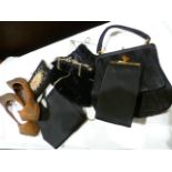 LOT WITHDRAWN Three black evening bags/purses, framed prints and embroidery and a pair of vintage