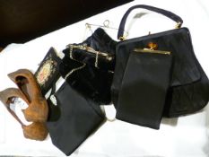 LOT WITHDRAWN Three black evening bags/purses, framed prints and embroidery and a pair of vintage