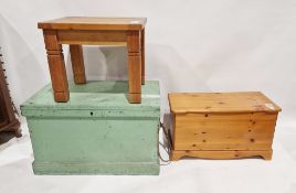 Modern pine coffer, a modern pine square table on square supports and a large painted green trunk (
